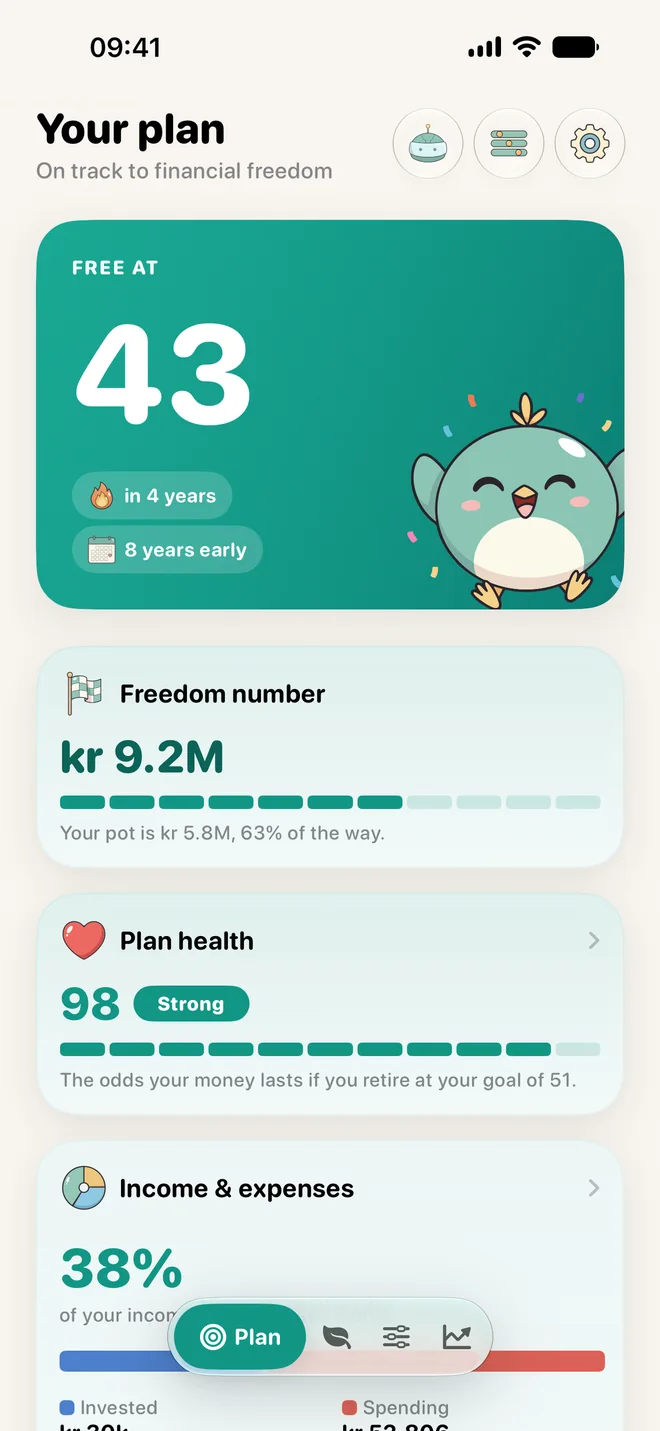 Runway's plan: free at 43, in four years, with the freedom number and plan health.