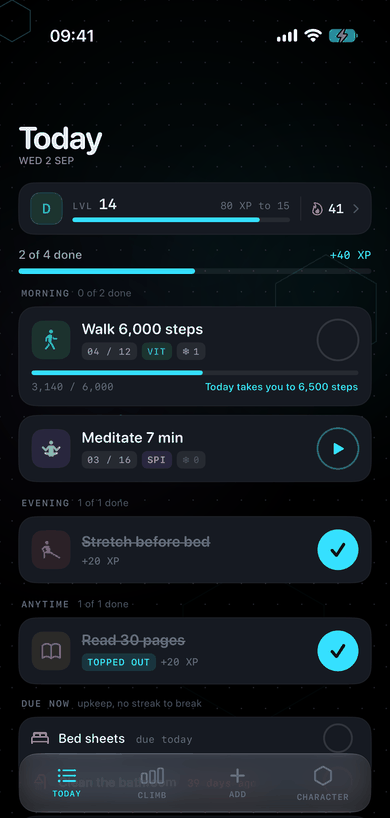 The Today screen: four quests, two of them ticked, and the day's XP.