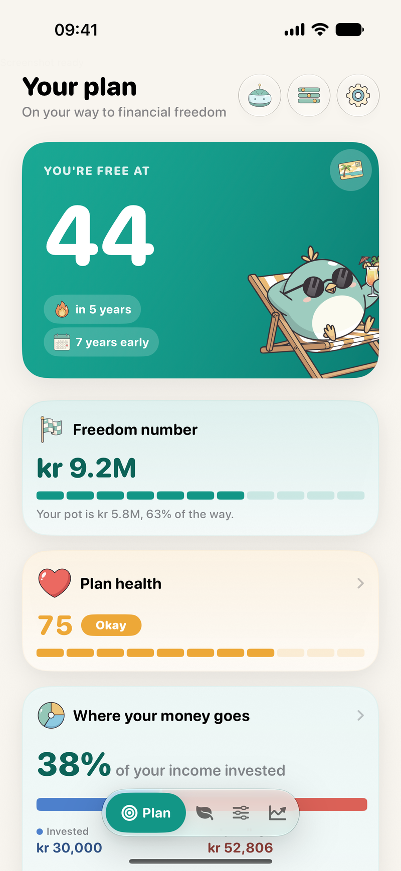 Runway's Plan screen showing a freedom age and plan health