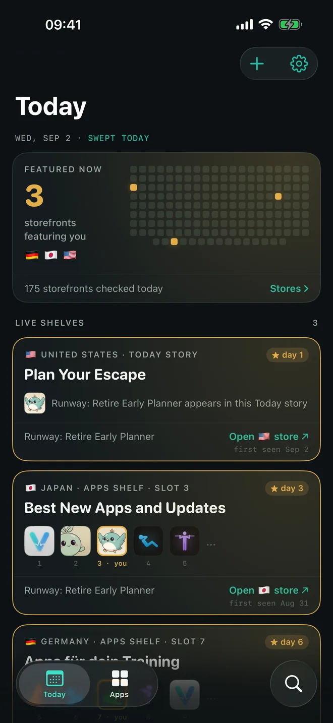 StoreGlance's Today screen: featured in 3 storefronts, and the live shelves.