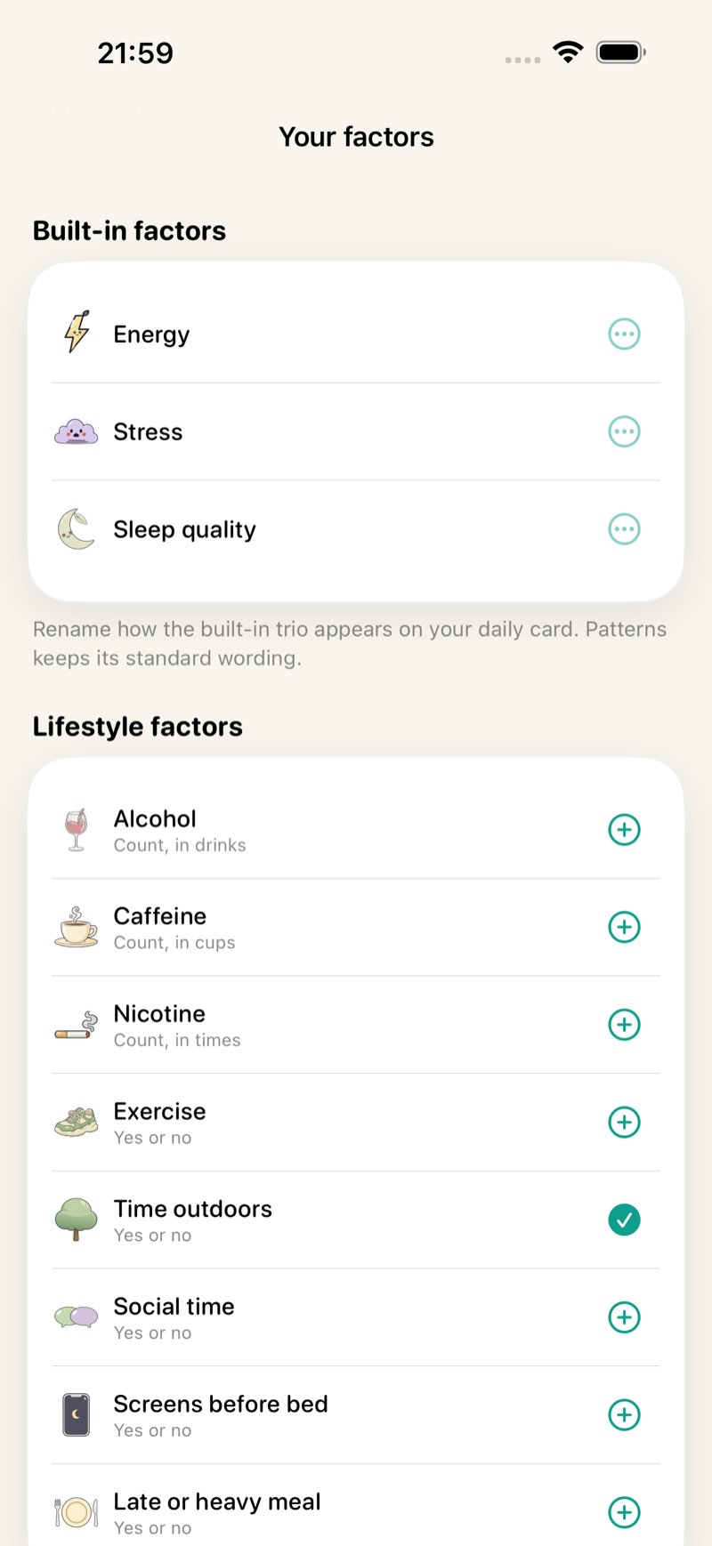 Tend Factors screen listing built-in and lifestyle factors you can track