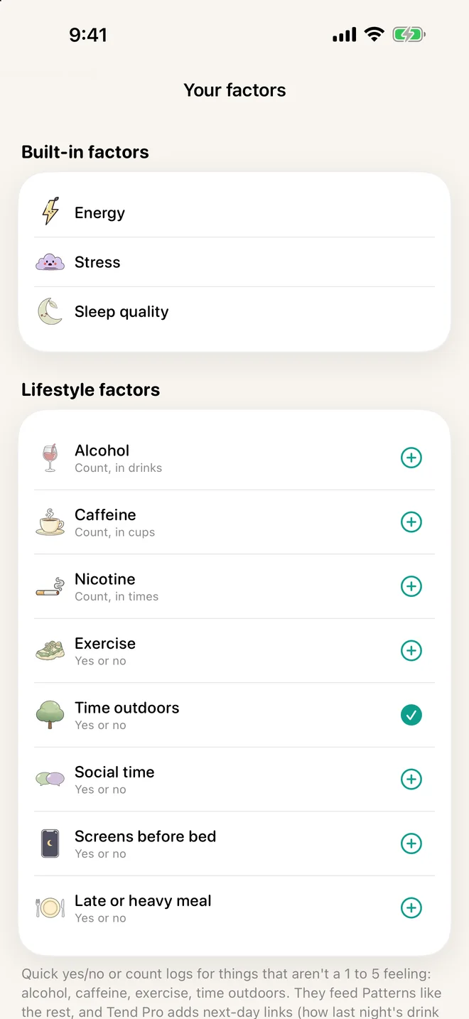 Tend's Factors screen.