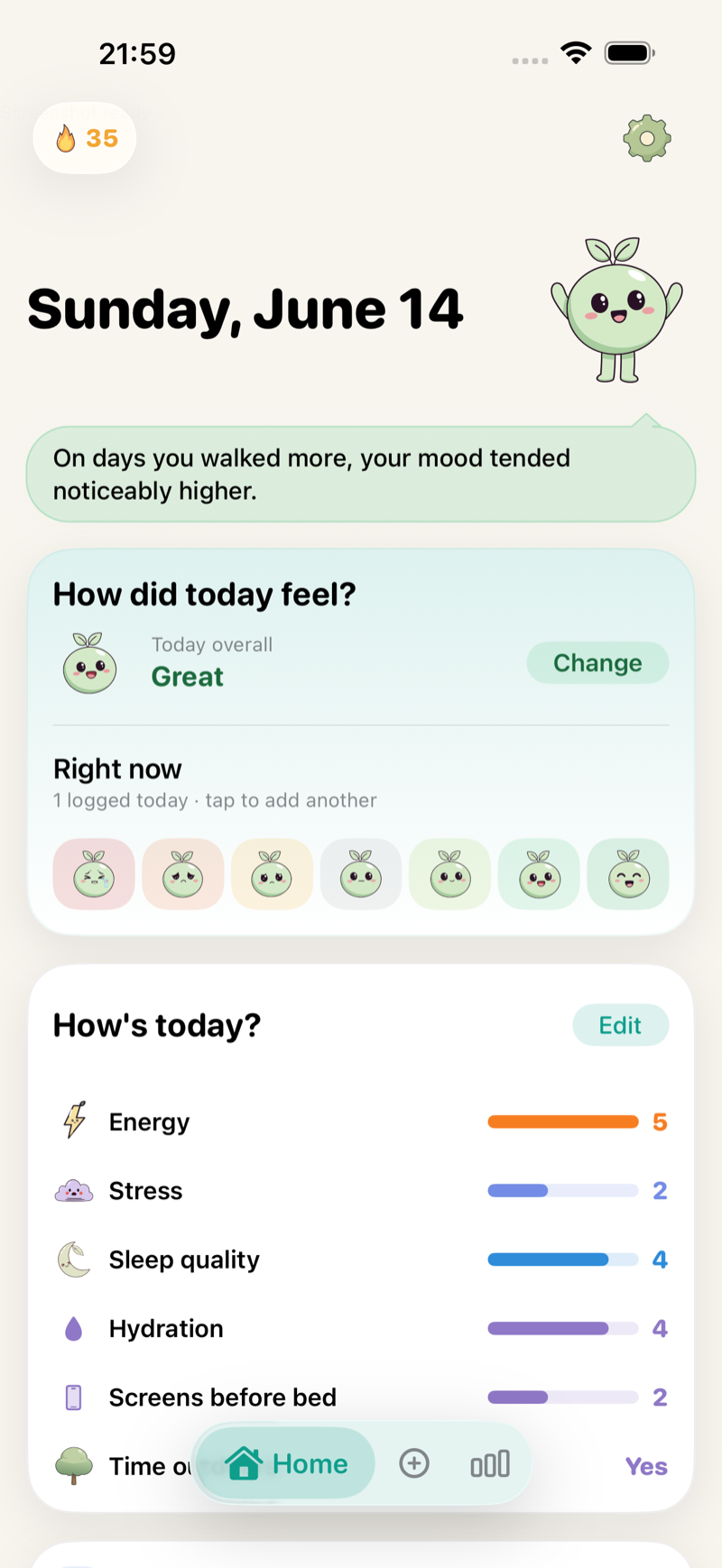 Tend Home screen showing today's mood check-in, the streak, and today's factors