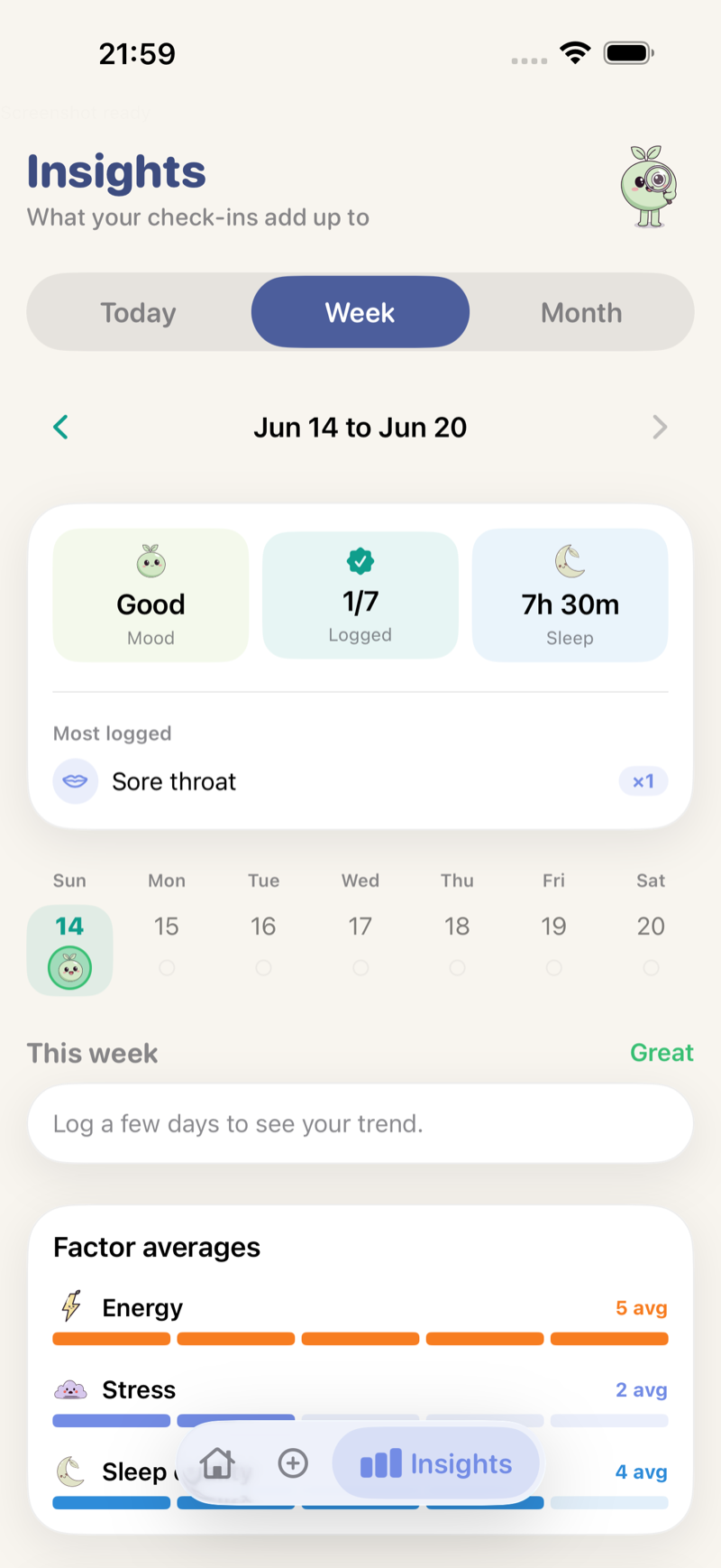 Tend Insights screen showing the week summary, mood, sleep, and factor averages