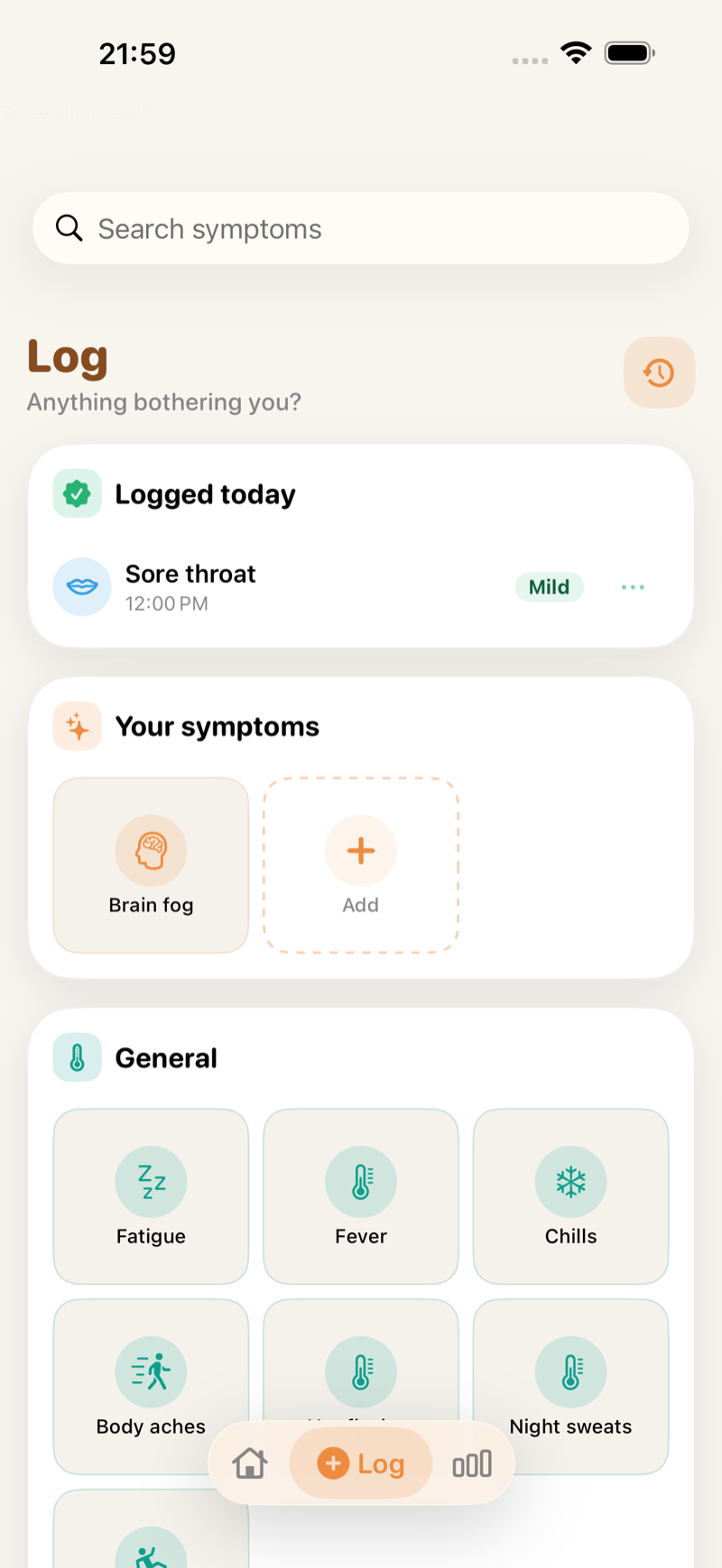 Tend Log screen with symptom search and a grid of symptoms to log