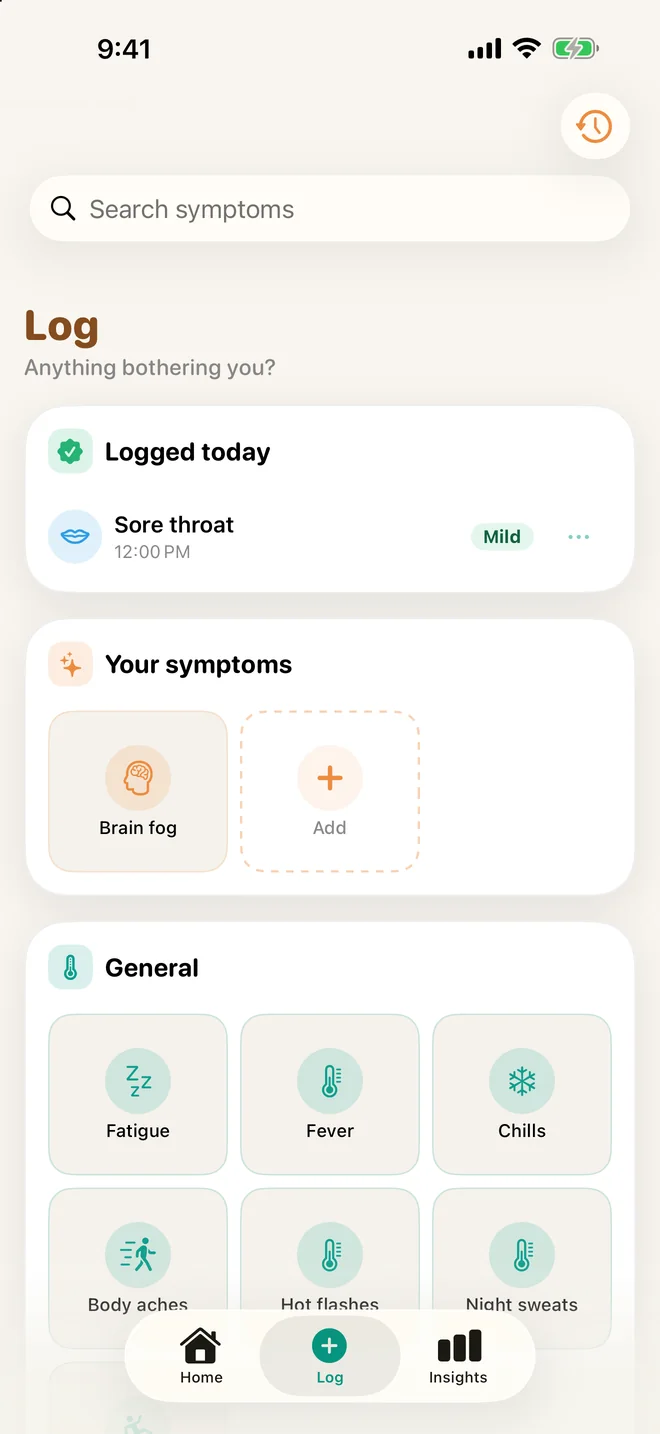 Log: today's sore throat, your own symptoms and the general list.