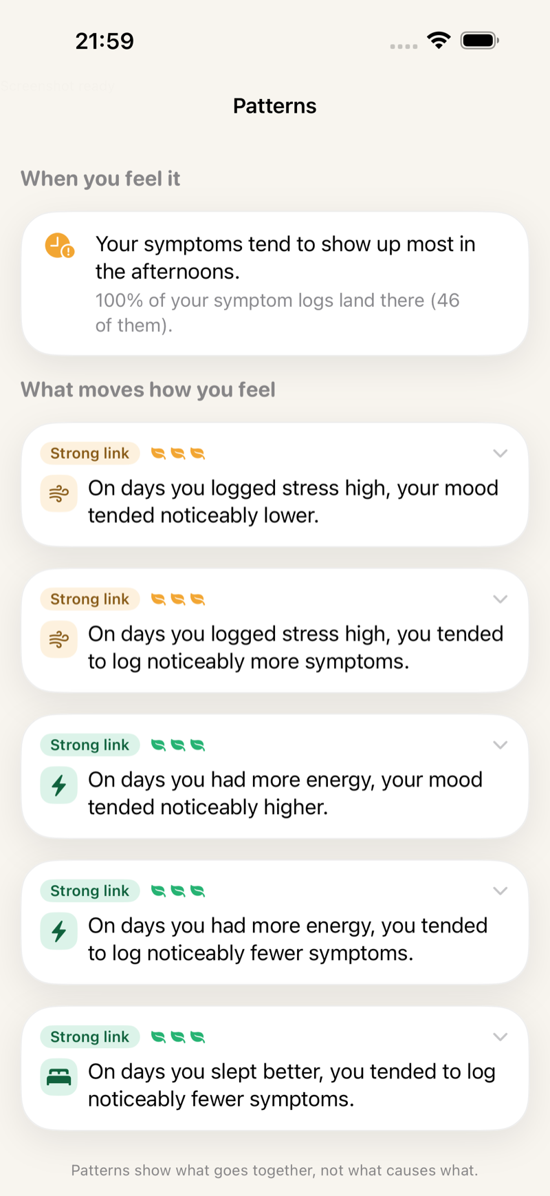 Tend Patterns screen with plain-sentence links between factors and how you feel