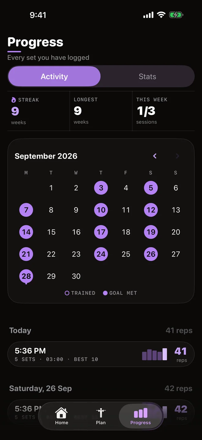 Pull-Ups: the progress calendar and today's 41 reps.