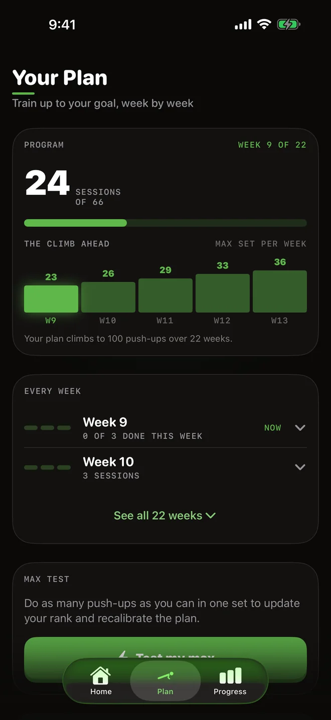 Push-Ups: the plan at week 9 of 22, 24 sessions banked.