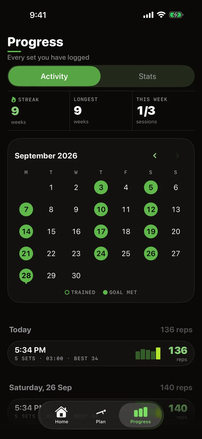 Push-Ups: a nine-week streak and September's sessions on the calendar.