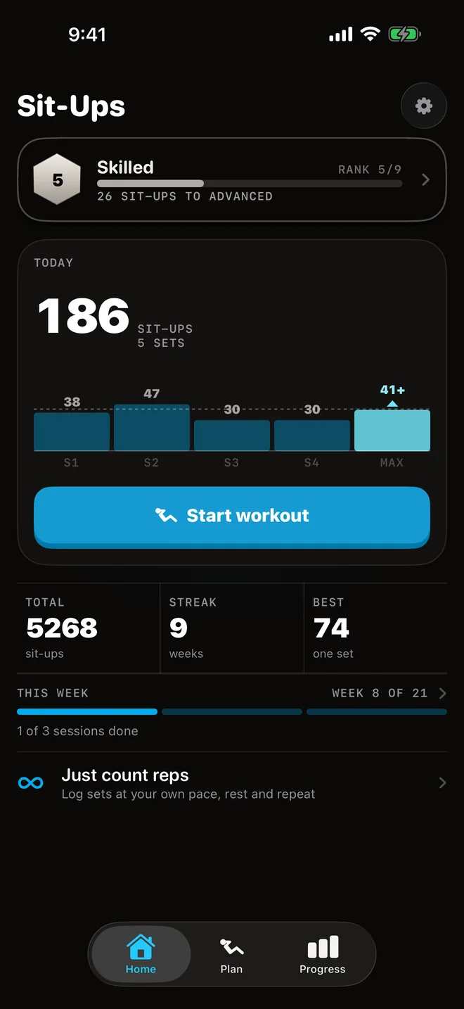 Sit-Ups: today's 186 sit-ups over five sets.
