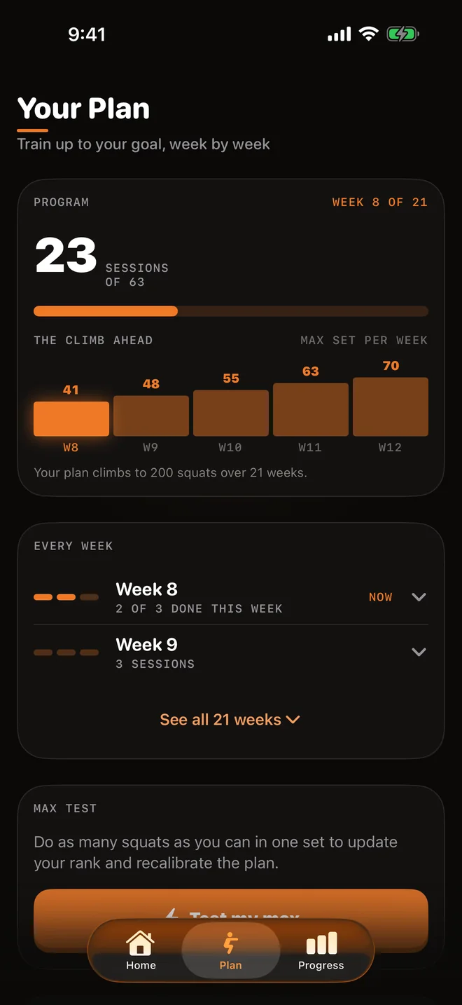 Squats: the plan at week 8 of 21, with the climb ahead.
