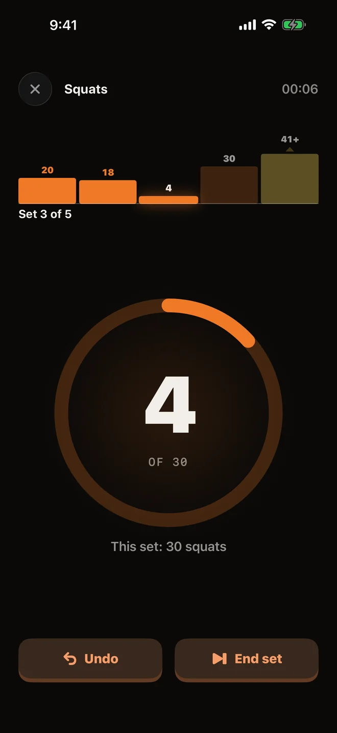 Squats: rep 4 of 30, with the sets done so far above the ring.